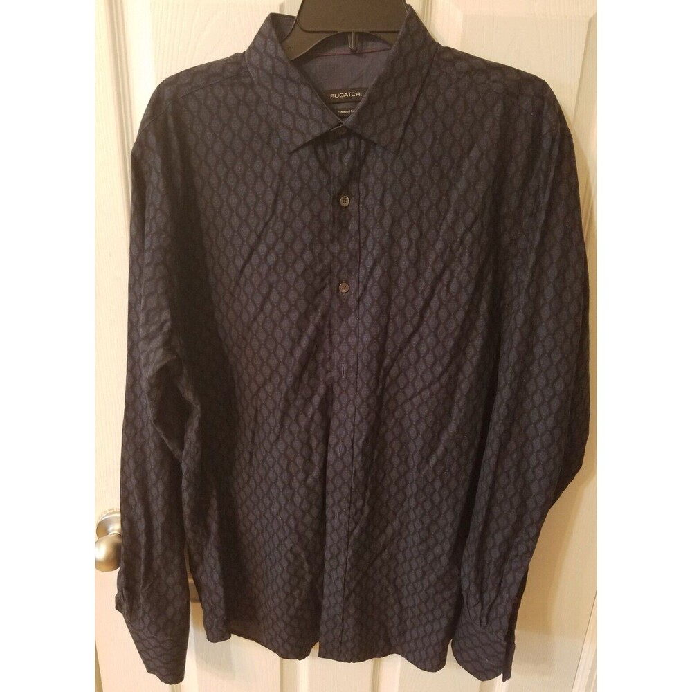 Bugatchi Mens Long Sleeve Shaped Fit Size Large Blue Design Button Up Shirt